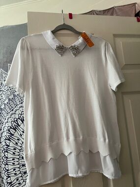 Belldini White Short-Sleeve Top with Jeweled Peter Pan Collar